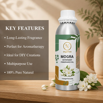 Key features of Mogra Detergent Fragrance Oil include a fresh floral laundry aroma, long-lasting fragrance, strong scent retention, IFRA compliant, premium quality, and multipurpose use for detergents, fabric conditioners, soaps, candles, and home fragrance products.