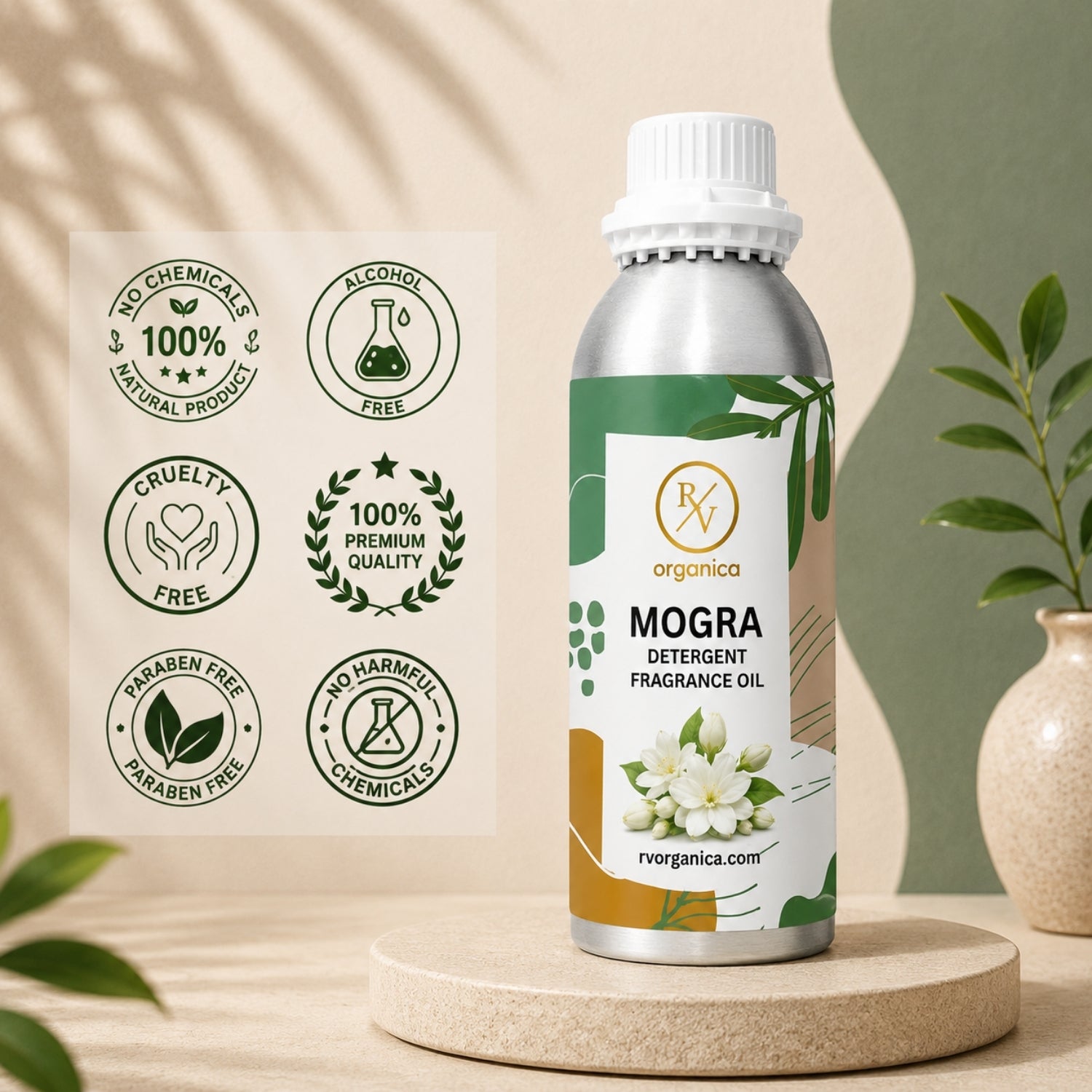 Mogra Detergent Fragrance Oil in a premium aluminium bottle with quality icons highlighting long-lasting fragrance, premium quality, IFRA compliant, cruelty-free, and multipurpose fragrance applications.