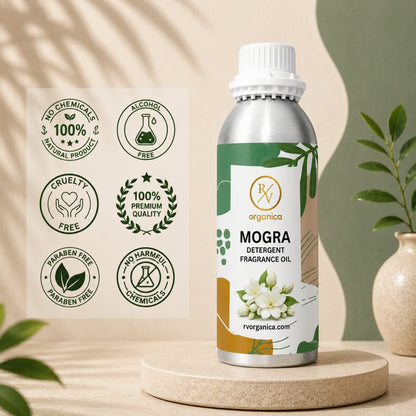 Mogra Detergent Fragrance Oil in a premium aluminium bottle with quality icons highlighting long-lasting fragrance, premium quality, IFRA compliant, cruelty-free, and multipurpose fragrance applications.