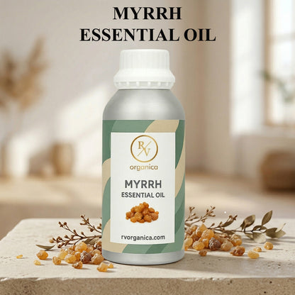 Myrrh Essential Oil bottle with label pure natural aromatic therapeutic essential oil
