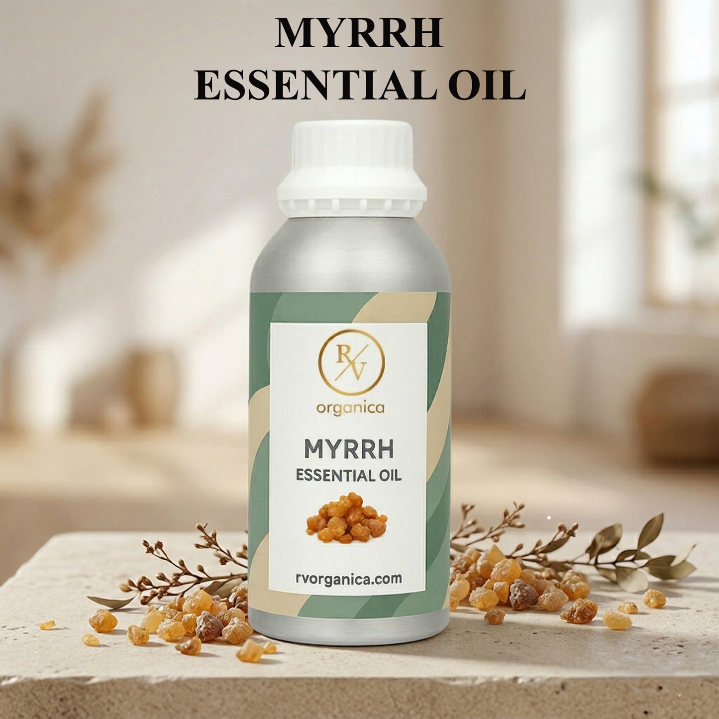 Myrrh Essential Oil bottle with label pure natural aromatic therapeutic essential oil

