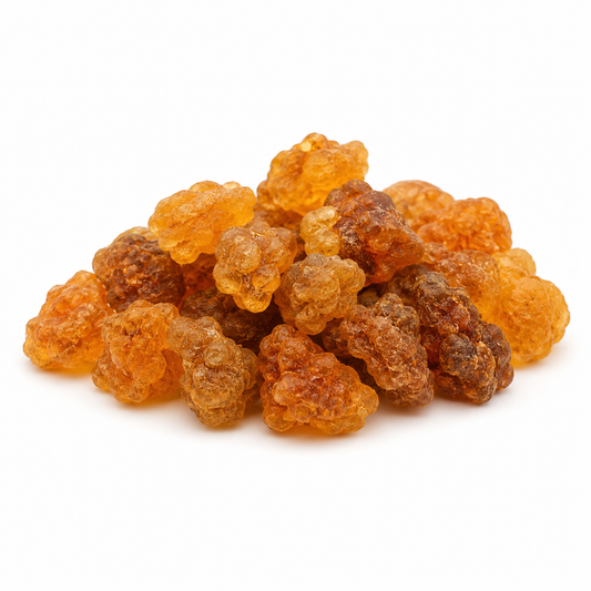 Natural myrrh resin pieces on a white background