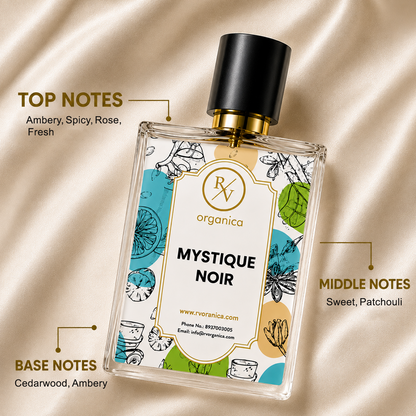 Mystique Noir Inspired Fragrance Oil in an elegant glass perfume bottle, presented in a premium luxury setting to showcase its sophisticated fragrance and stylish packaging.