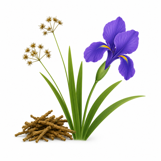 Natural nagarmotha roots with essential oil for earthy woody aromatherapy and wellness product display