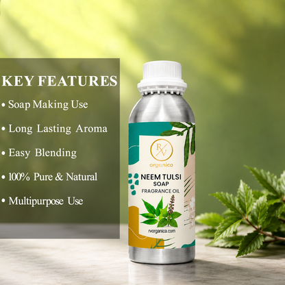 Key features of Neem Tulsi Soap Fragrance Oil include fresh herbal aroma, long-lasting fragrance, ideal for soaps and personal care products, strong scent retention, premium quality, IFRA compliant, and multipurpose use.