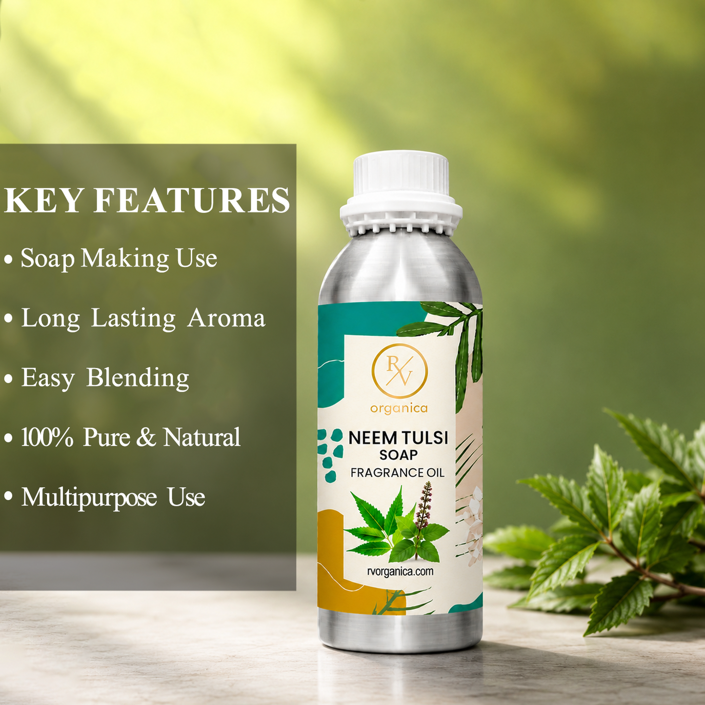 Key features of Neem Tulsi Soap Fragrance Oil include fresh herbal aroma, long-lasting fragrance, ideal for soaps and personal care products, strong scent retention, premium quality, IFRA compliant, and multipurpose use.