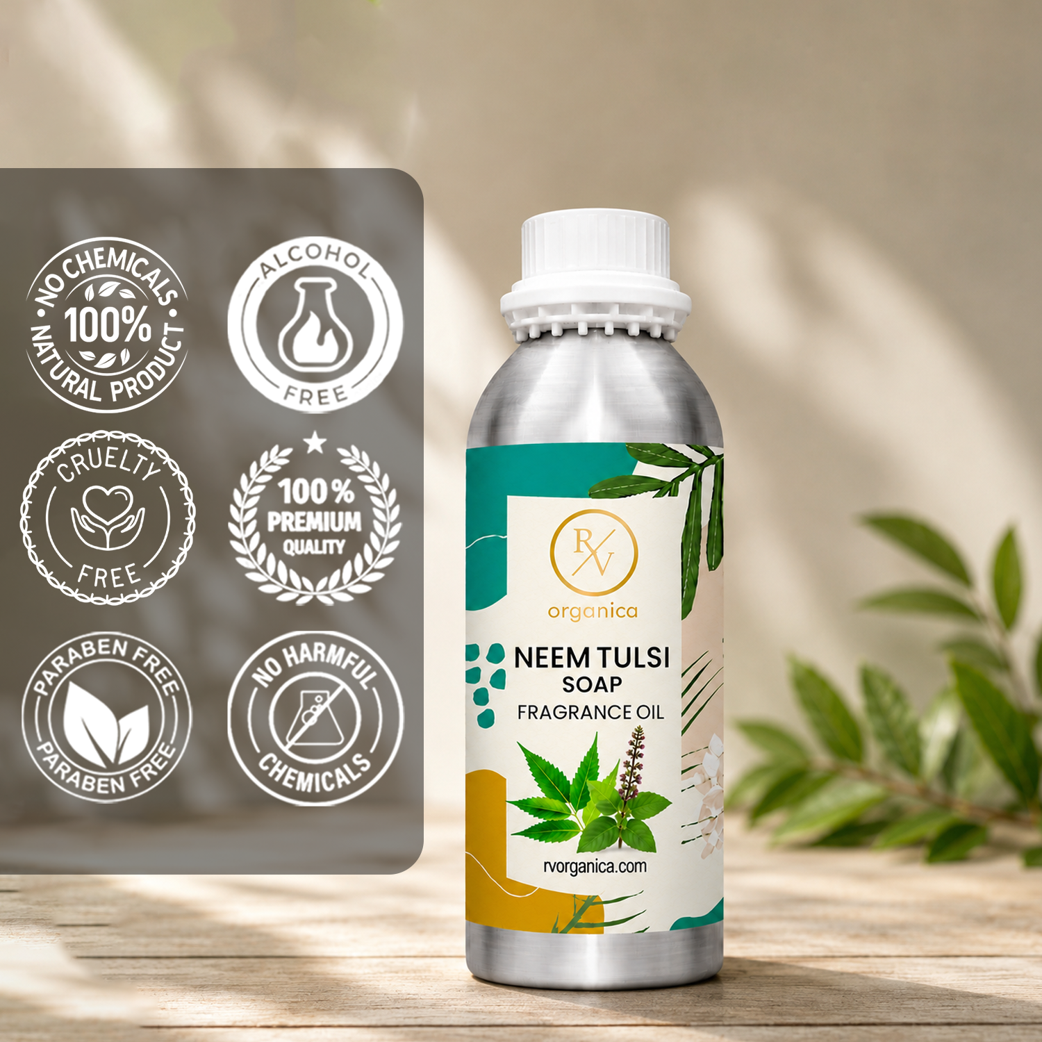 Neem Tulsi Soap Fragrance Oil in a premium aluminium bottle with quality icons highlighting long-lasting fragrance, premium quality, IFRA compliant, cruelty-free, Made in India, and multipurpose use.