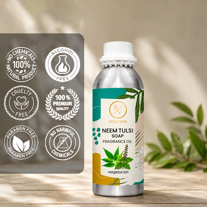 Neem Tulsi Soap Fragrance Oil in a premium aluminium bottle with quality icons highlighting long-lasting fragrance, premium quality, IFRA compliant, cruelty-free, Made in India, and multipurpose use.