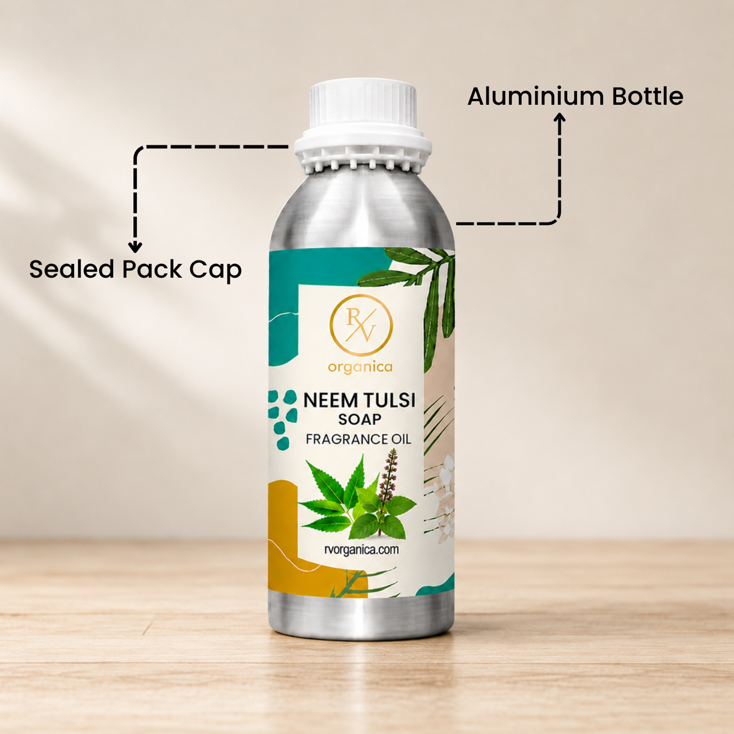 Sealed aluminium bottle of Neem Tulsi Soap Fragrance Oil with secure packaging, helping maintain freshness and premium fragrance quality.