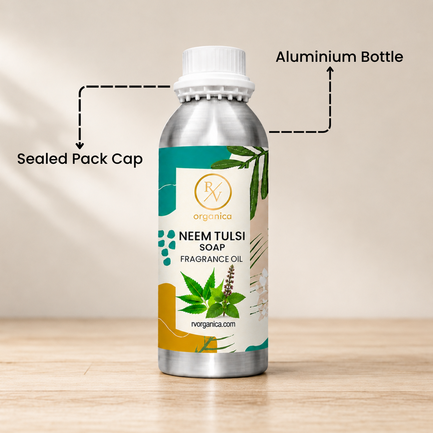 Sealed aluminium bottle of Neem Tulsi Soap Fragrance Oil with secure packaging, helping maintain freshness and premium fragrance quality.