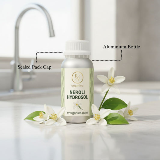 Neroli Hydrosol in aluminium bottle with sealed cap by RV Organica, steam distilled natural floral water for face mist and skincare use - second image