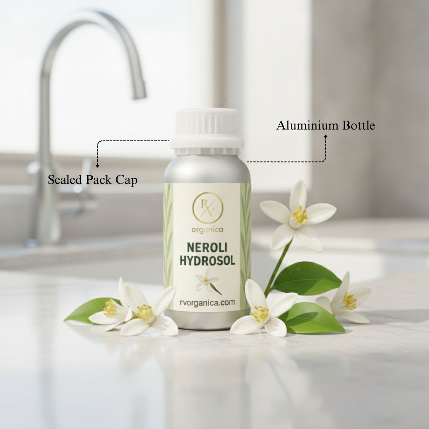 Neroli Hydrosol in aluminium bottle with sealed cap by RV Organica, steam distilled natural floral water for face mist and skincare use