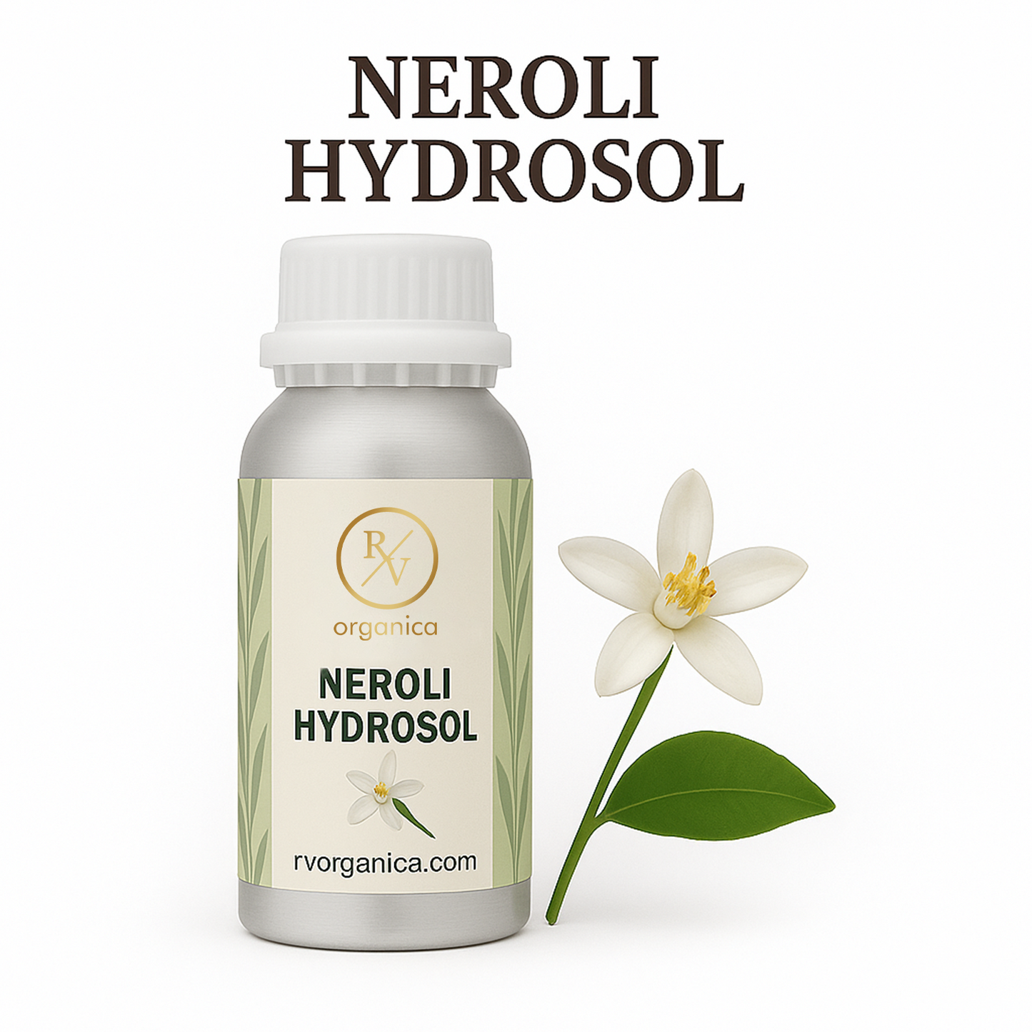 A bottle of Neroli Hydrosol with a white flower and green leaf in the background, labeled with the brand RV Organica.