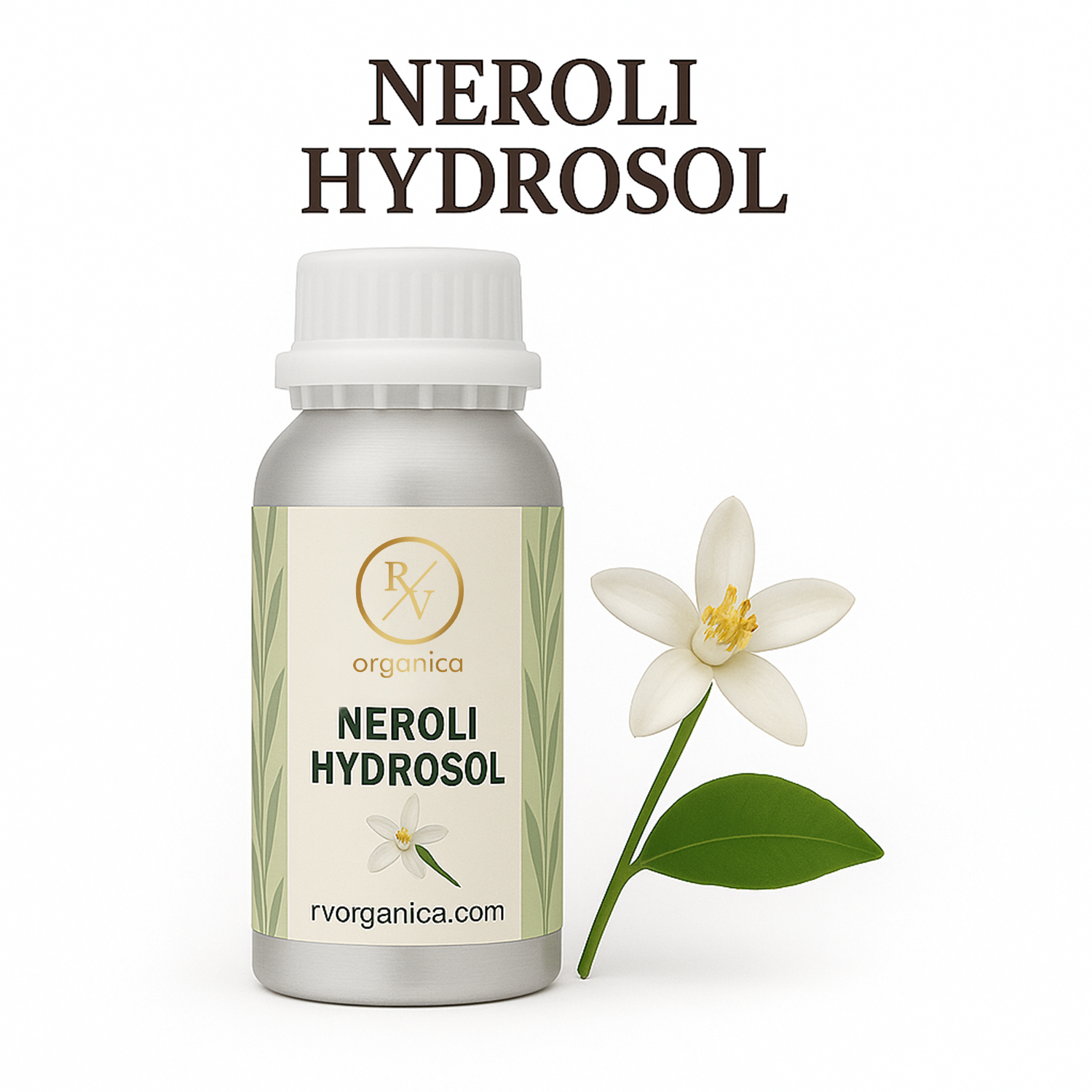 A bottle of Neroli Hydrosol with a white flower and green leaf in the background, labeled with the brand RV Organica.