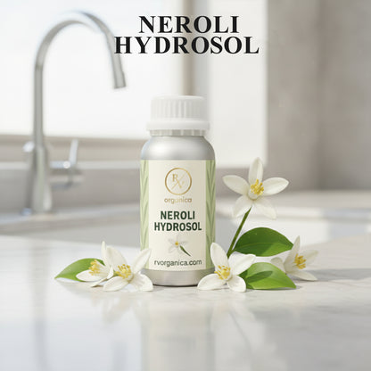RV Organica Neroli Hydrosol natural floral water bottle with fresh neroli blossoms for refreshing face mist and daily skincare routine
