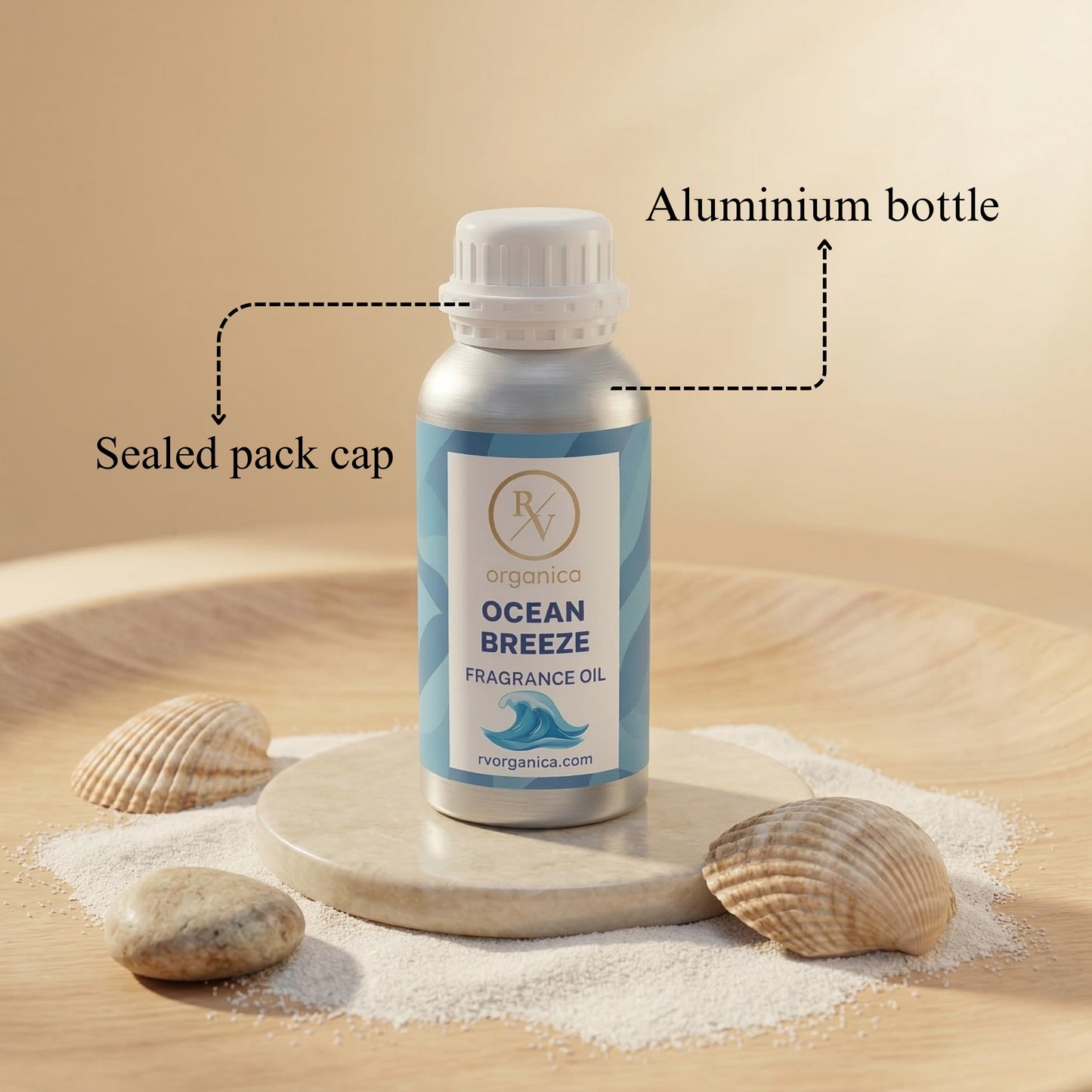 “Ocean breeze fragrance oil sealed aluminium bottle leak proof premium packaging”