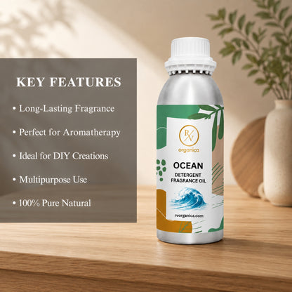 Key features of Ocean Detergent Fragrance Oil include a fresh aquatic laundry aroma, long-lasting fragrance, strong scent retention, IFRA compliant, premium quality, and multipurpose use for detergents, fabric conditioners, soaps, candles, and home fragrance products.