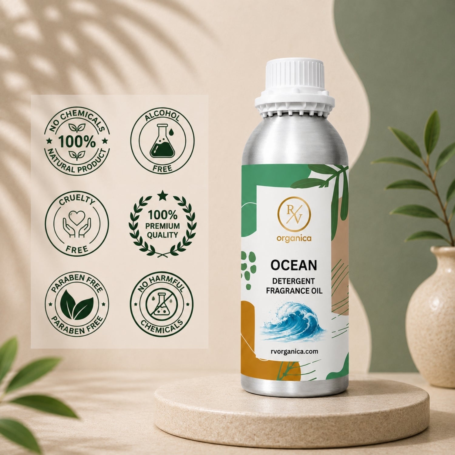 Ocean Detergent Fragrance Oil in a premium aluminium bottle with quality icons highlighting long-lasting fragrance, premium quality, IFRA compliant, cruelty-free, and multipurpose fragrance applications.