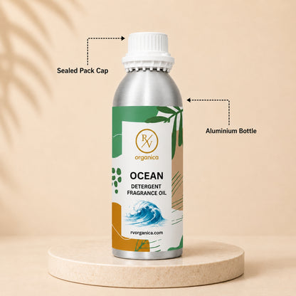 Sealed aluminium bottle of Ocean Detergent Fragrance Oil, ensuring purity, freshness, leak-proof packaging, and premium fragrance quality for bulk and personal use.