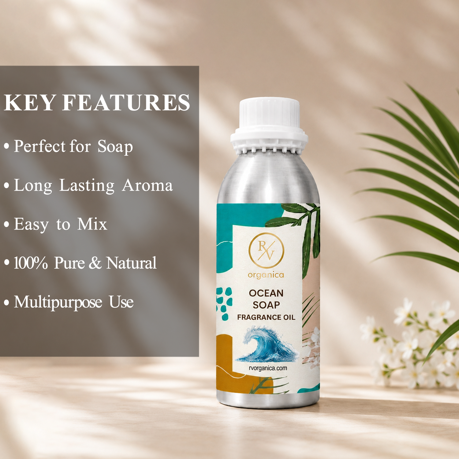 Key features of Ocean Soap Fragrance Oil include fresh aquatic aroma, cool clean fragrance, long-lasting scent, ideal for soaps and personal care products, premium quality, IFRA compliant, and multipurpose use.