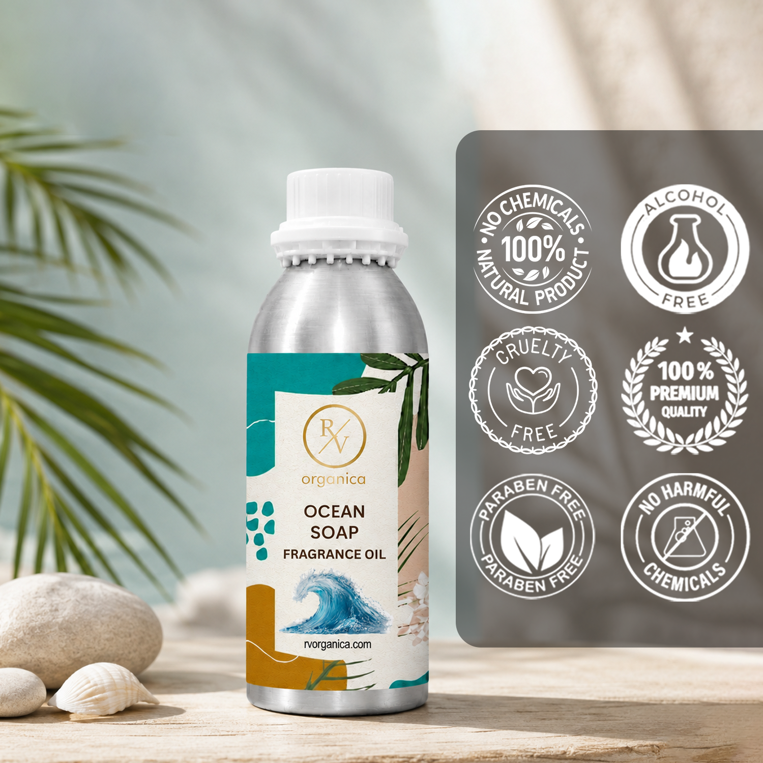 Ocean Soap Fragrance Oil in a premium aluminium bottle with quality icons highlighting long-lasting fragrance, premium quality, IFRA compliant, cruelty-free, Made in India, and multipurpose use.