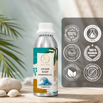 Ocean Soap Fragrance Oil in a premium aluminium bottle with quality icons highlighting long-lasting fragrance, premium quality, IFRA compliant, cruelty-free, Made in India, and multipurpose use.