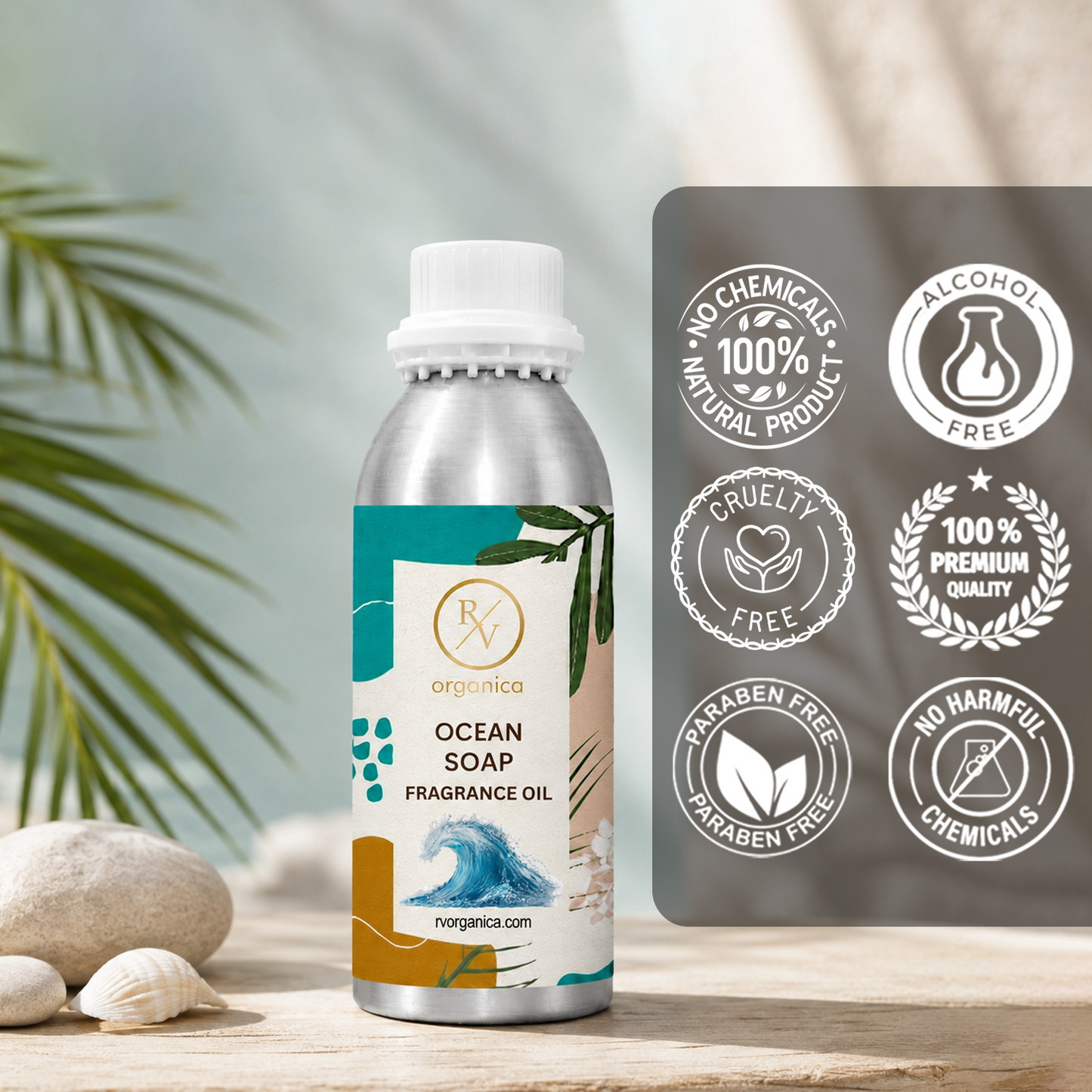 Ocean Soap Fragrance Oil in a premium aluminium bottle with quality icons highlighting long-lasting fragrance, premium quality, IFRA compliant, cruelty-free, Made in India, and multipurpose use.