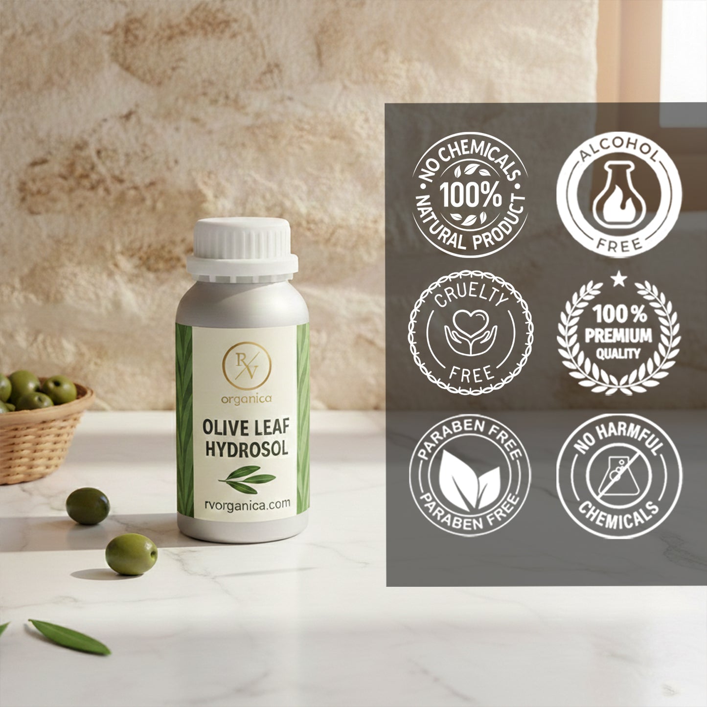 Olive Leaf Hydrosol 100 percent natural skincare product, paraben free, alcohol free, cruelty free and chemical free facial toner.