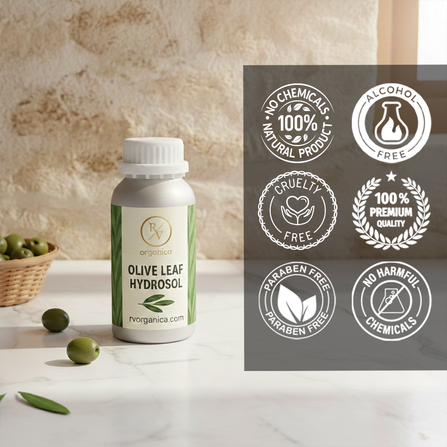 Olive Leaf Hydrosol 100 percent natural skincare product, paraben free, alcohol free, cruelty free and chemical free facial toner.