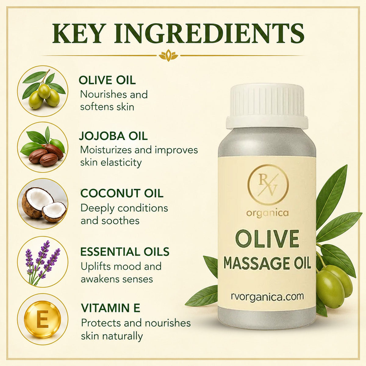Key ingredients in olive massage oil for skin nourishment and care