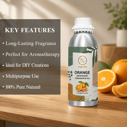 Key features of Orange Detergent Fragrance Oil include a fresh citrus laundry aroma, long-lasting fragrance, strong scent retention, IFRA compliant, premium quality, and multipurpose use for detergents, fabric conditioners, soaps, candles, and home fragrance products.