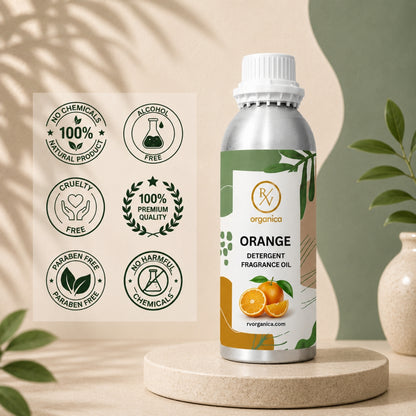 Orange Detergent Fragrance Oil in a premium aluminium bottle with quality icons highlighting long-lasting fragrance, premium quality, IFRA compliant, cruelty-free, and multipurpose fragrance applications.