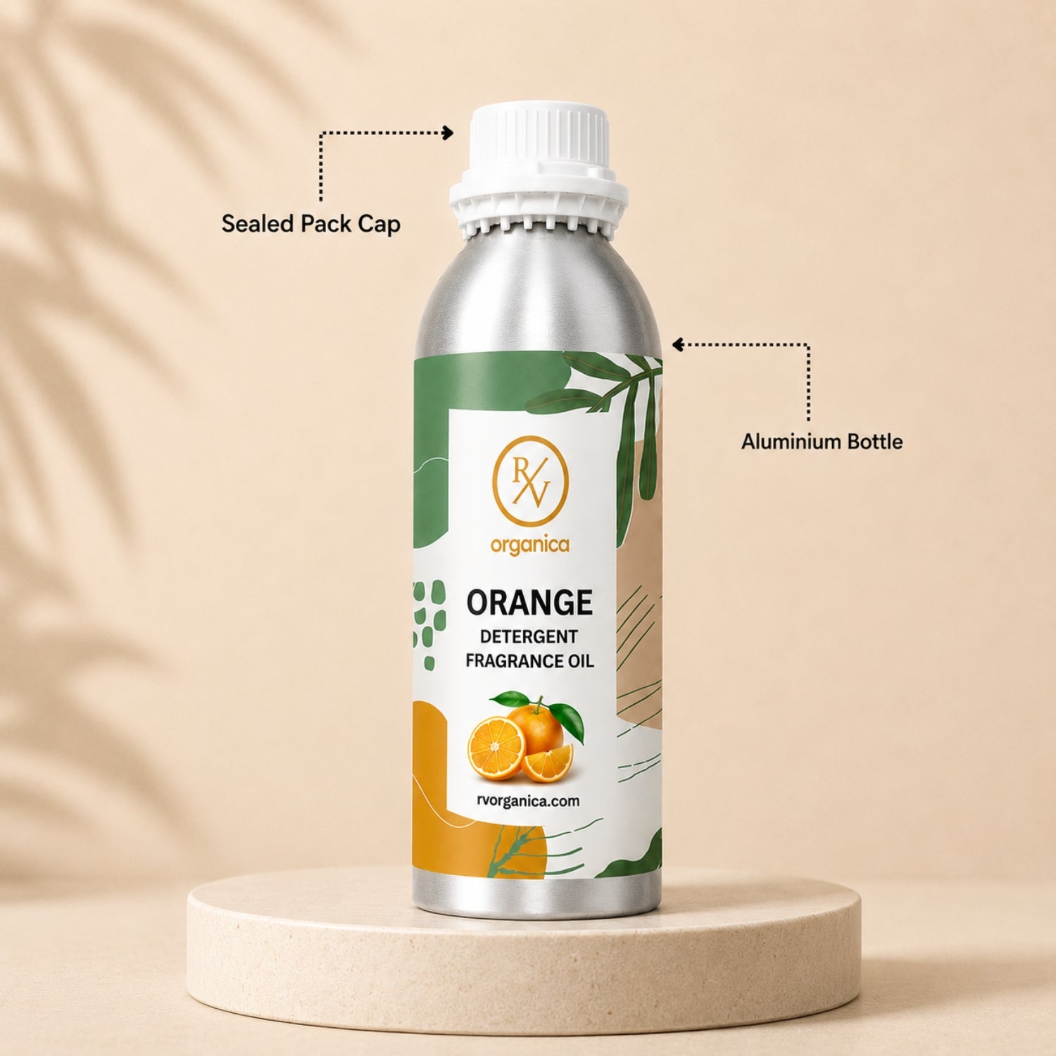 Sealed aluminium bottle of Orange Detergent Fragrance Oil, ensuring purity, freshness, leak-proof packaging, and premium fragrance quality for bulk and personal use.