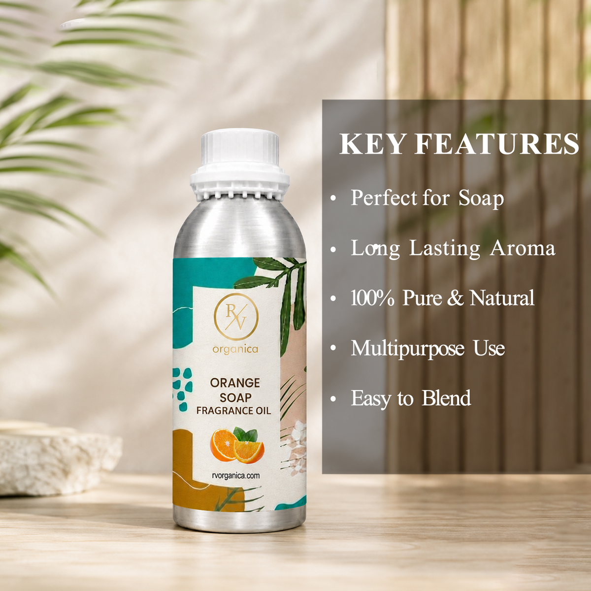 Key features of Orange Soap Fragrance Oil include fresh citrus orange aroma, uplifting fragrance, long-lasting scent, ideal for soaps and personal care products, premium quality, IFRA compliant, and multipurpose use.
