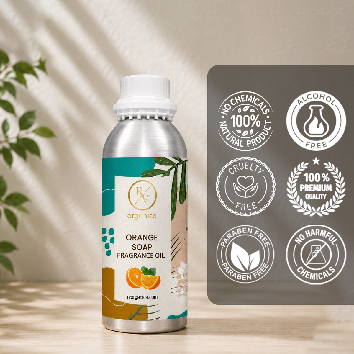 Orange Soap Fragrance Oil in a premium aluminium bottle with quality icons highlighting long-lasting fragrance, premium quality, IFRA compliant, cruelty-free, Made in India, and multipurpose use.