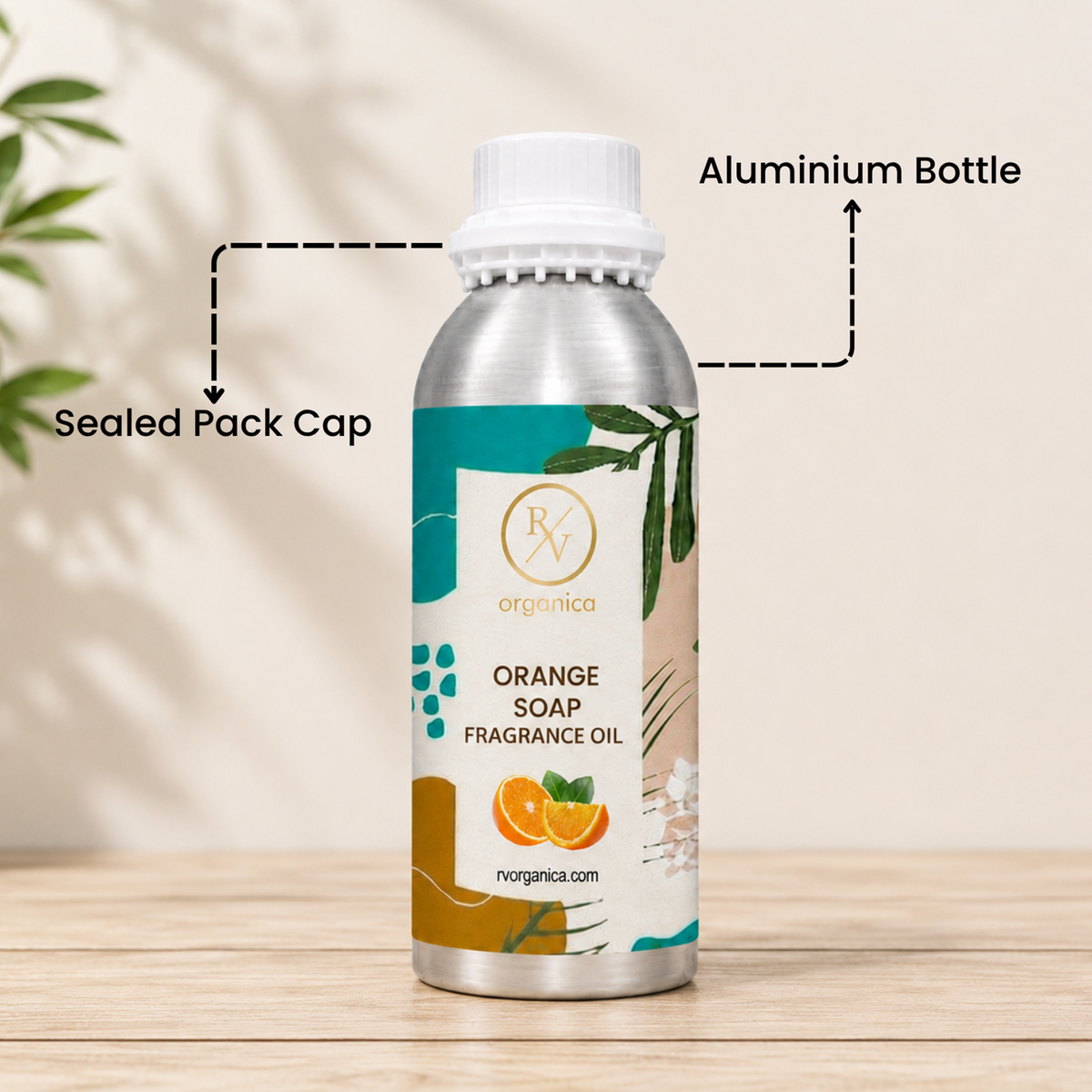 Sealed aluminium bottle of Orange Soap Fragrance Oil with secure packaging, helping maintain freshness and premium fragrance quality.