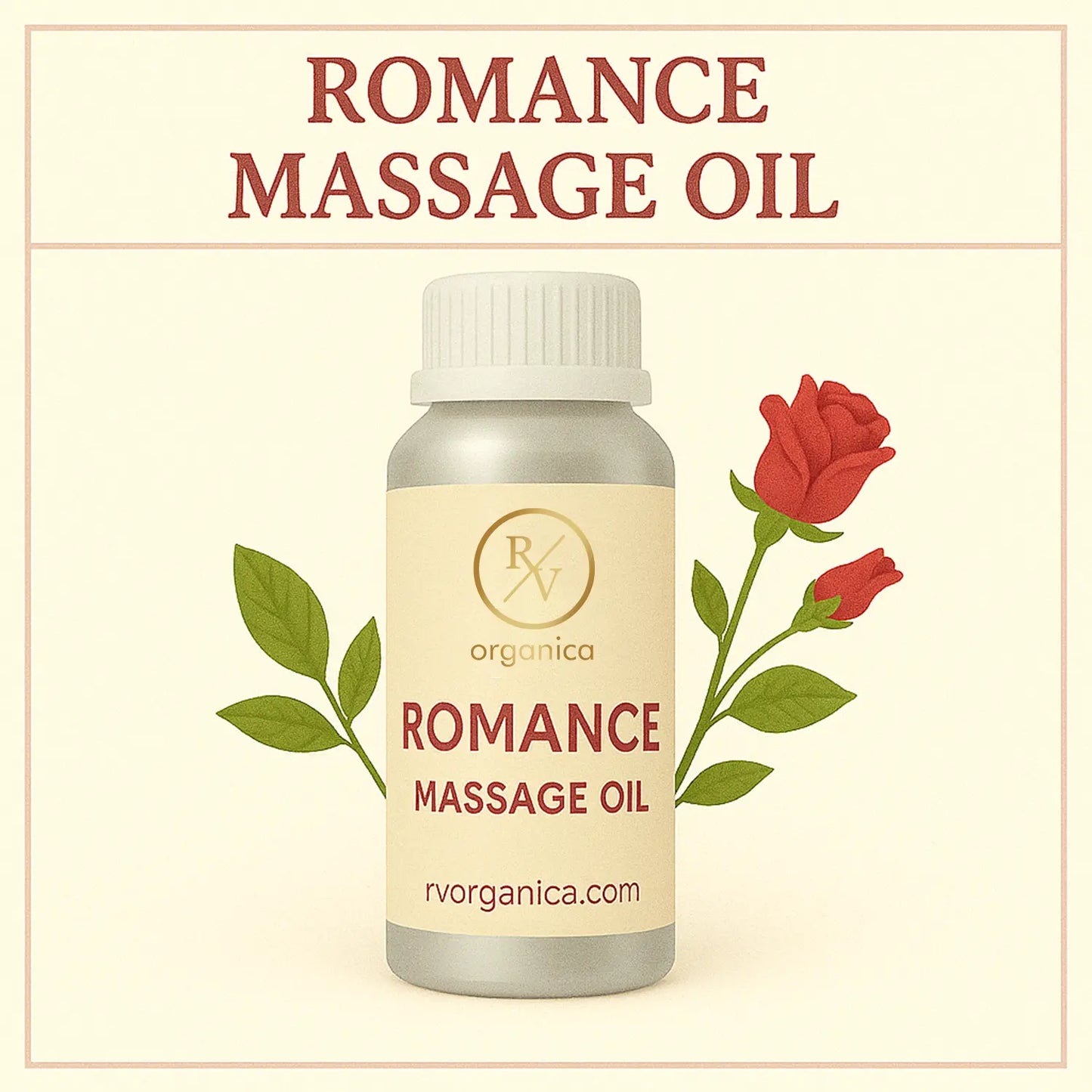 A bottle of Romance Massage Oil with a floral design, labeled with RV Organica and the product name.
