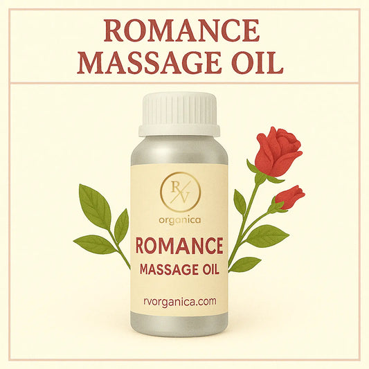 A bottle of Romance Massage Oil with a floral design, labeled with RV Organica and the product name.