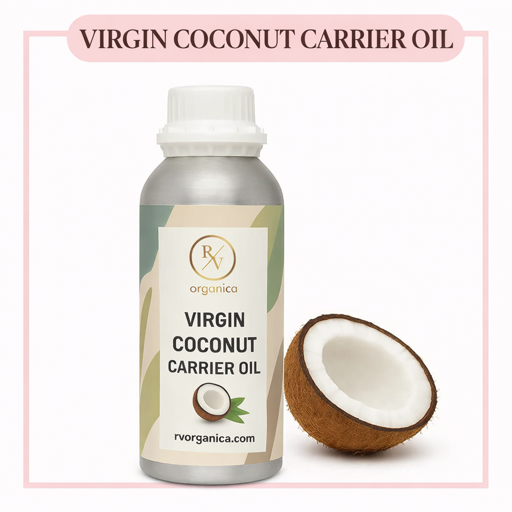 Bottle of RV Organica Pure Cold Pressed Virgin Coconut Carrier Oil being used as a natural moisturizer for face and hair.