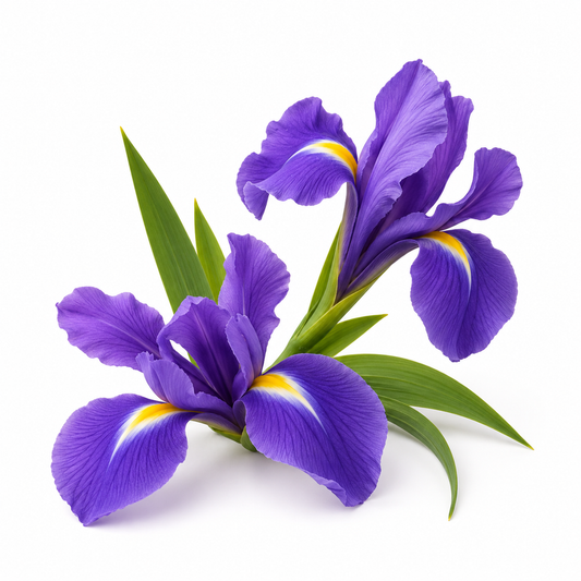 Premium Orris Fragrance Oil raw ingredients featuring dried orris root (iris rhizome) and vibrant purple iris flowers on a white background with professional studio lighting. - second image