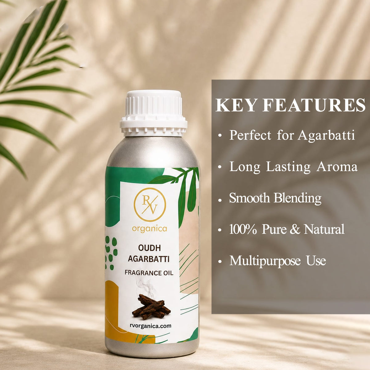 Key features of Oudh Agarbatti Fragrance Oil include a rich woody oudh incense aroma, long-lasting fragrance, strong scent diffusion, IFRA compliant, premium quality, and multipurpose use for agarbatti, candles, soaps, perfumes, and home fragrance products.