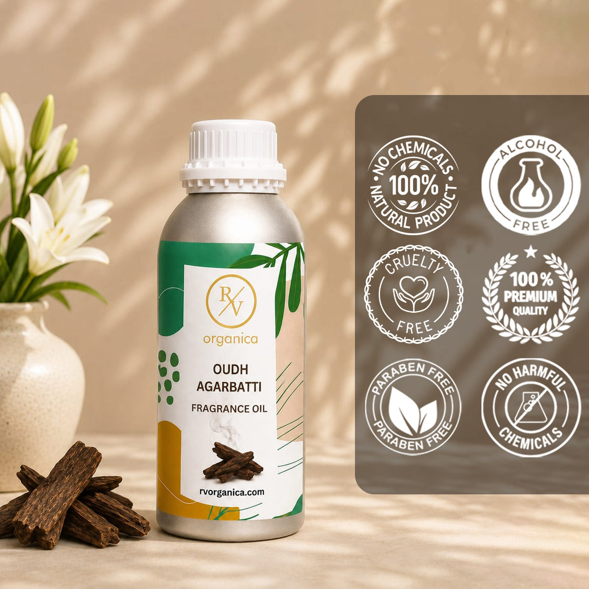 Oudh Agarbatti Fragrance Oil in a premium aluminium bottle with quality icons highlighting long-lasting aroma, premium quality, IFRA compliant, cruelty-free, and multipurpose fragrance applications.