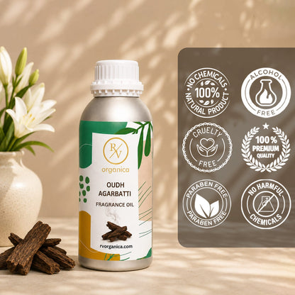 Oudh Agarbatti Fragrance Oil in a premium aluminium bottle with quality icons highlighting long-lasting aroma, premium quality, IFRA compliant, cruelty-free, and multipurpose fragrance applications.