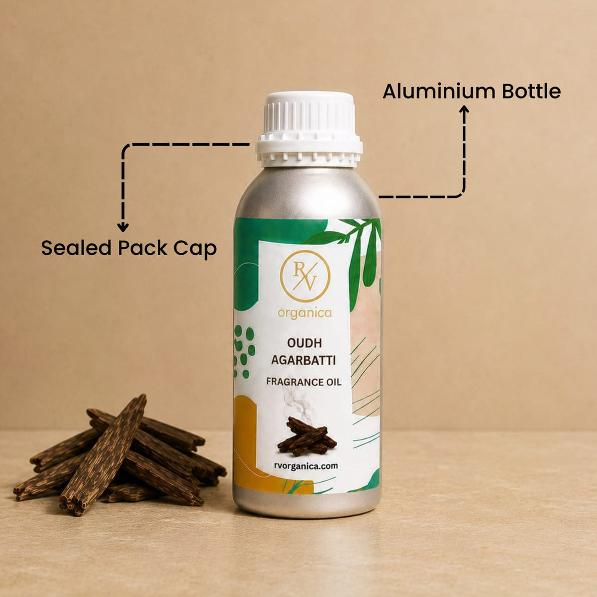 Sealed aluminium bottle of Oudh Agarbatti Fragrance Oil, ensuring purity, freshness, leak-proof packaging, and premium fragrance quality for bulk and personal use.
