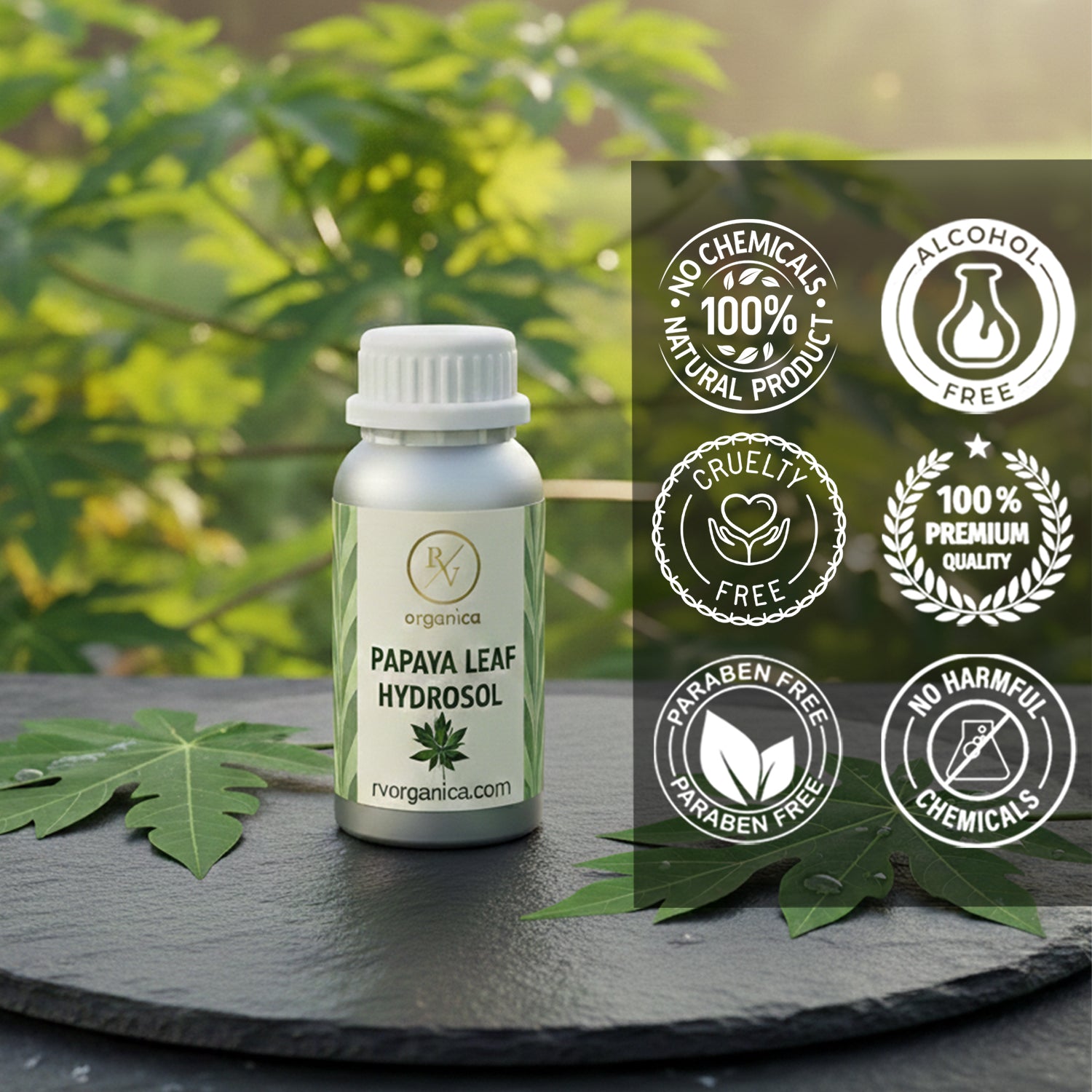 Papaya Leaf Hydrosol 100 percent natural skincare product, paraben free, alcohol free, cruelty free and chemical free herbal facial toner.