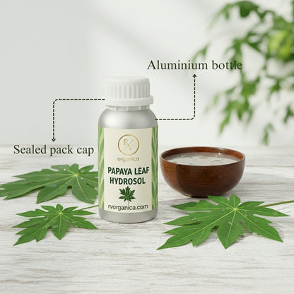 Papaya Leaf Hydrosol in aluminium bottle with sealed cap packaging, natural herbal skincare toner with fresh papaya leaves on wooden surface.