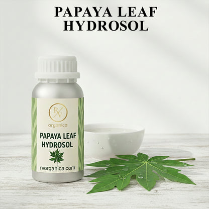 Organic Papaya Leaf Hydrosol facial mist bottle with fresh green papaya leaf, natural skin toner for hydration and daily skincare routine.