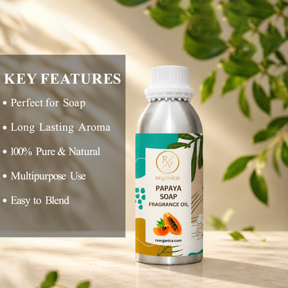 Key features of Papaya Soap Fragrance Oil include sweet fruity papaya aroma, refreshing fragrance, long-lasting scent, ideal for soaps and personal care products, premium quality, IFRA compliant, and multipurpose use.
