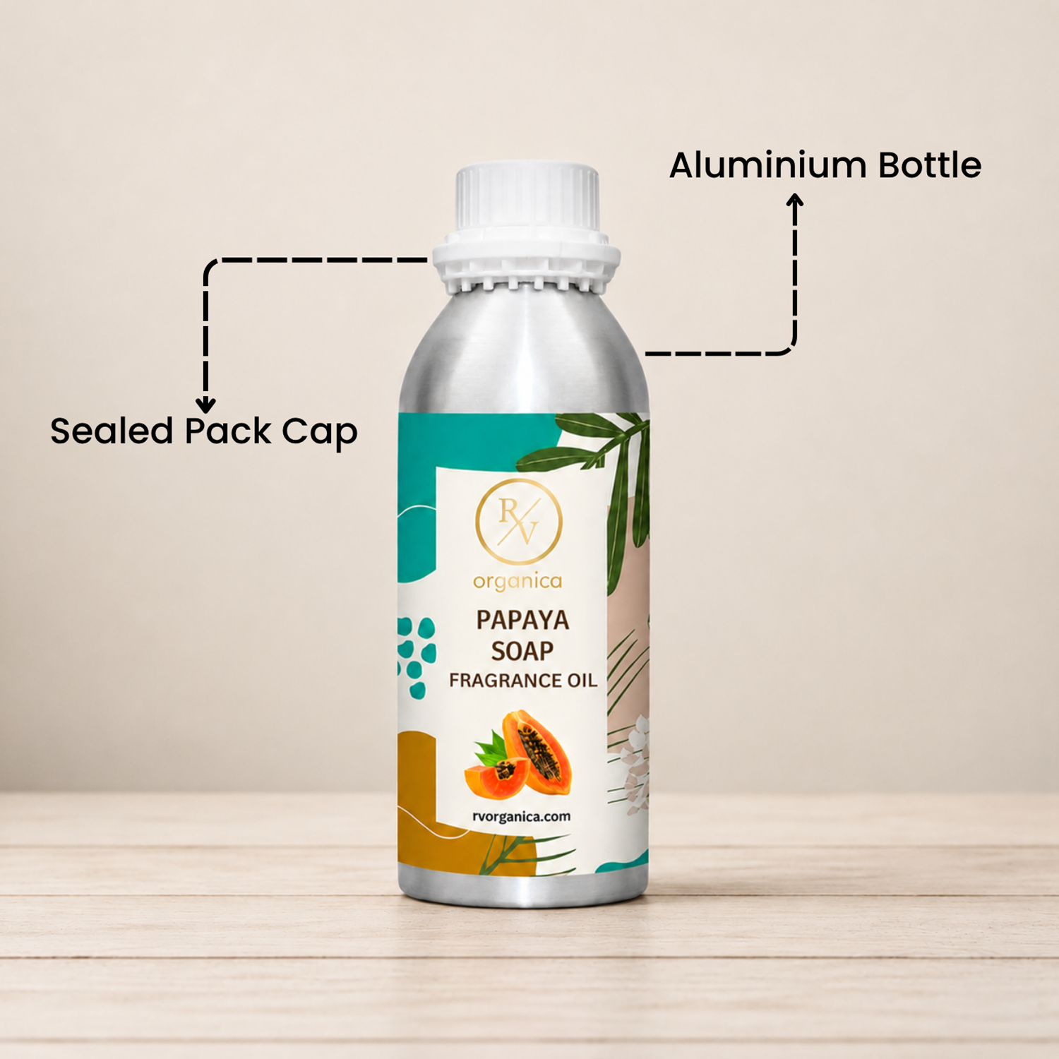 Sealed aluminium bottle of Papaya Soap Fragrance Oil with secure packaging, helping maintain freshness and premium fragrance quality.