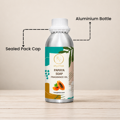 Sealed aluminium bottle of Papaya Soap Fragrance Oil with secure packaging, helping maintain freshness and premium fragrance quality.